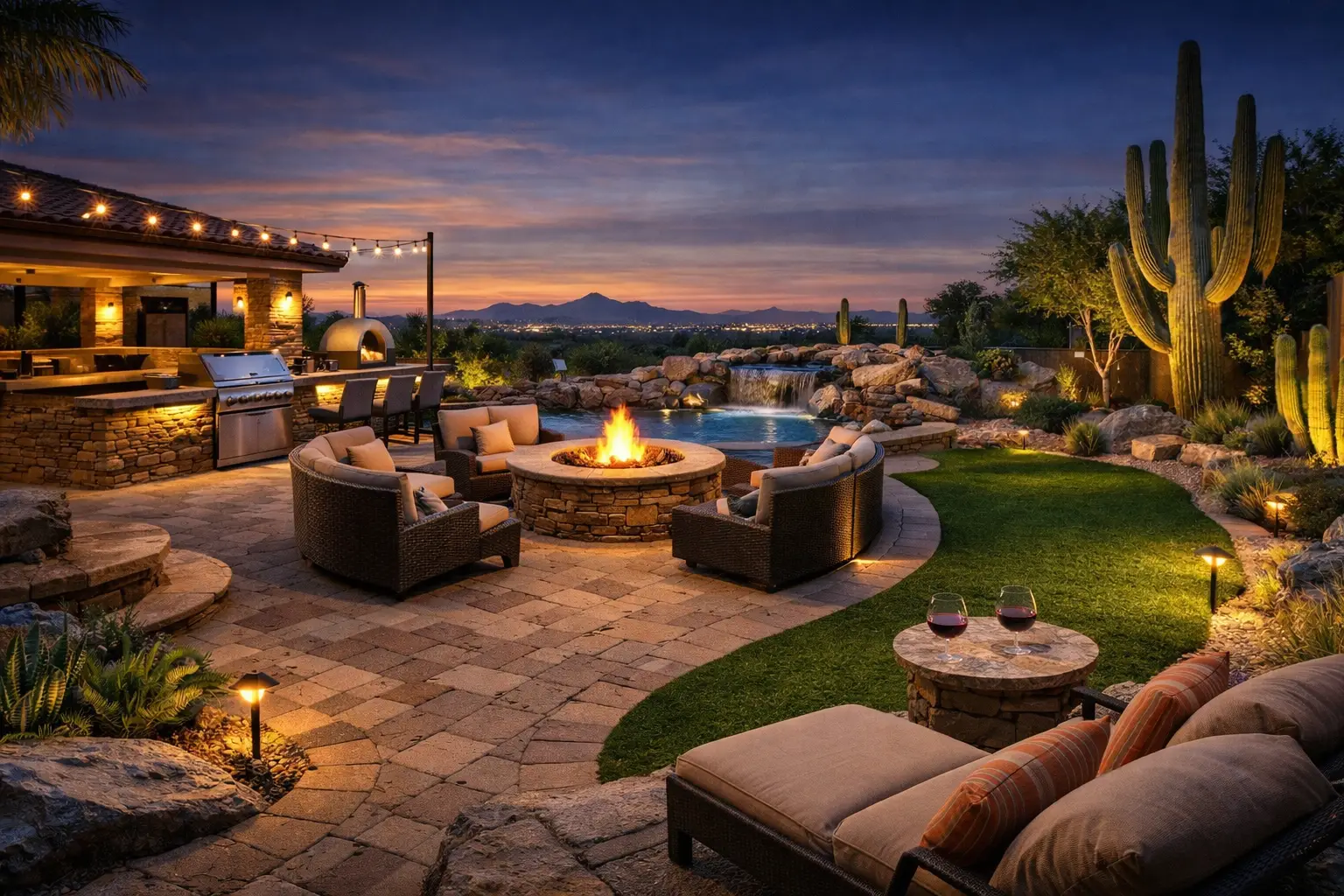 Desert backyard at dusk with fire pit, outdoor kitchen, pool waterfall and landscape lighting by Bless Tierra Hardscaping